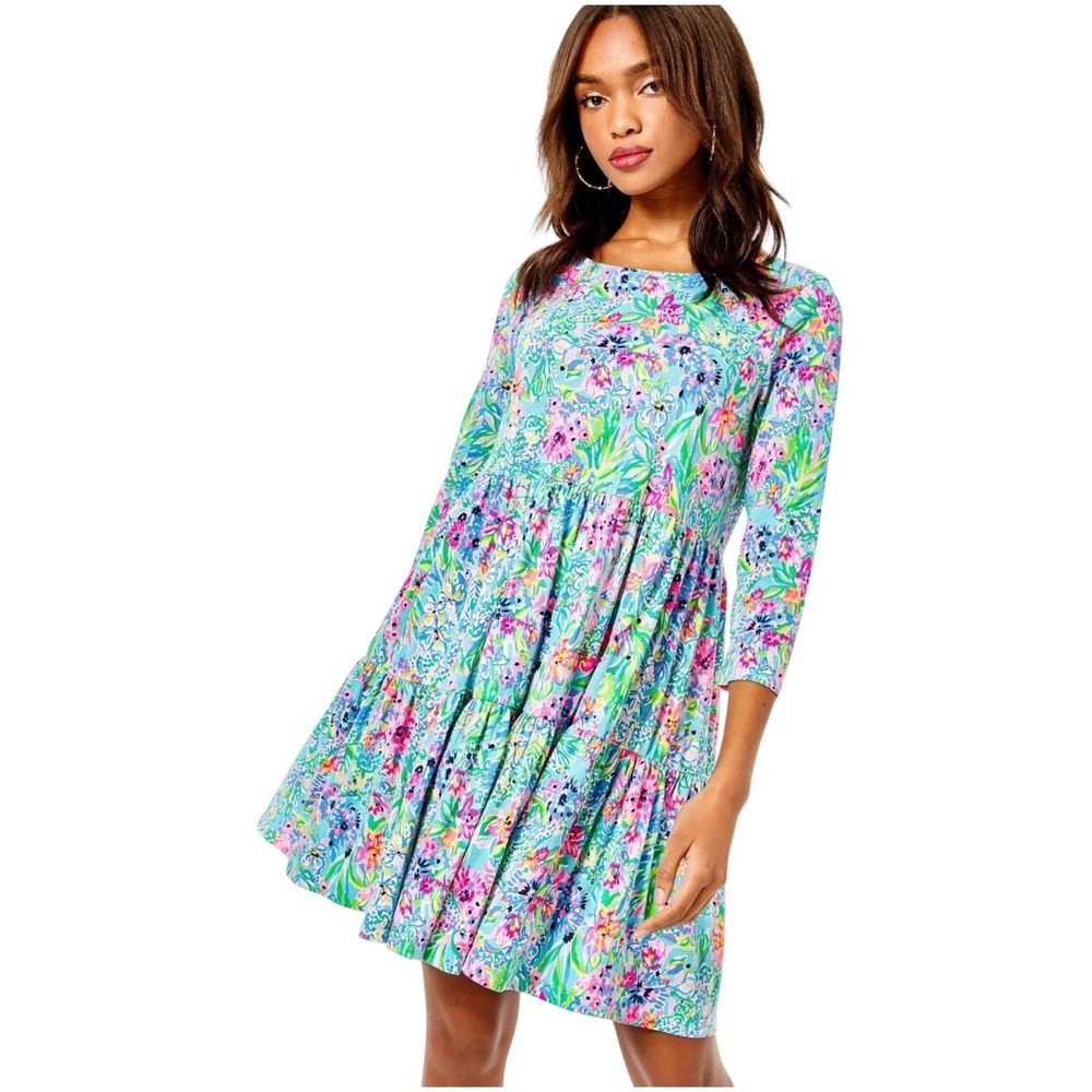 Lilly Pulitzer Geanna Swing Mini Dress Floral Tiered Cotton Small S Coastal